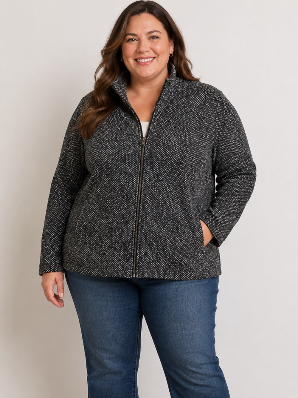 Lands End Women’s Full Zip Fleece Jacket Black Speckled Stand Up Collar Size 2X